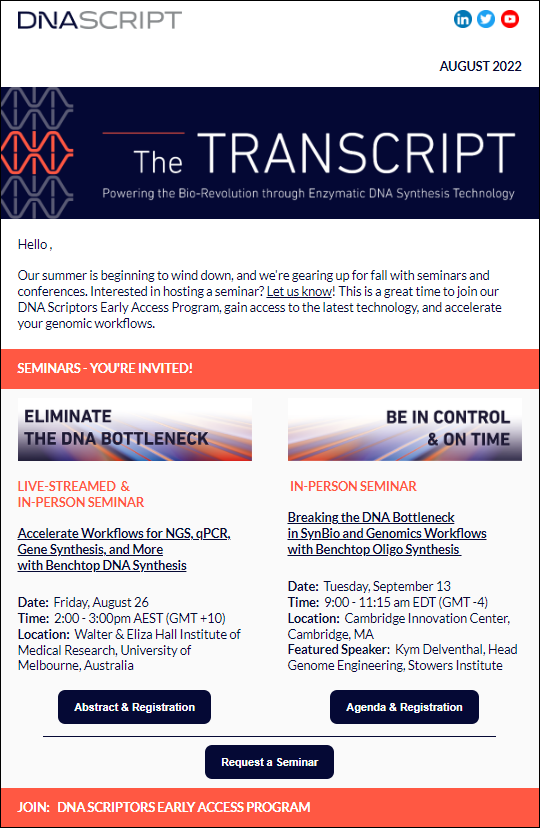 DNA Script, The Transcript eNewsletter – August 2022