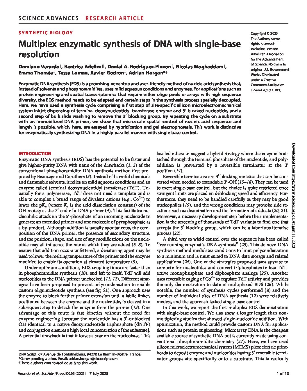 Multiplex enzymatic synthesis of DNA with single-base resolution