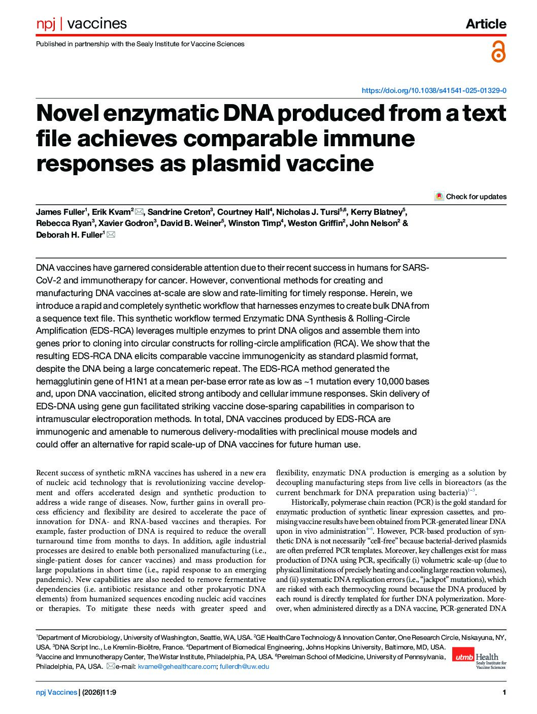 Novel enzymatic DNA produced from a text file achieves comparable immune responses as plasmid vaccine